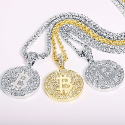 Iced Out Bitcoin Logo Blockchain Necklace