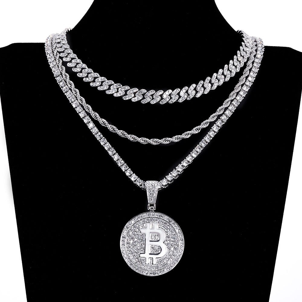 Iced Out Bitcoin Logo Blockchain Necklace