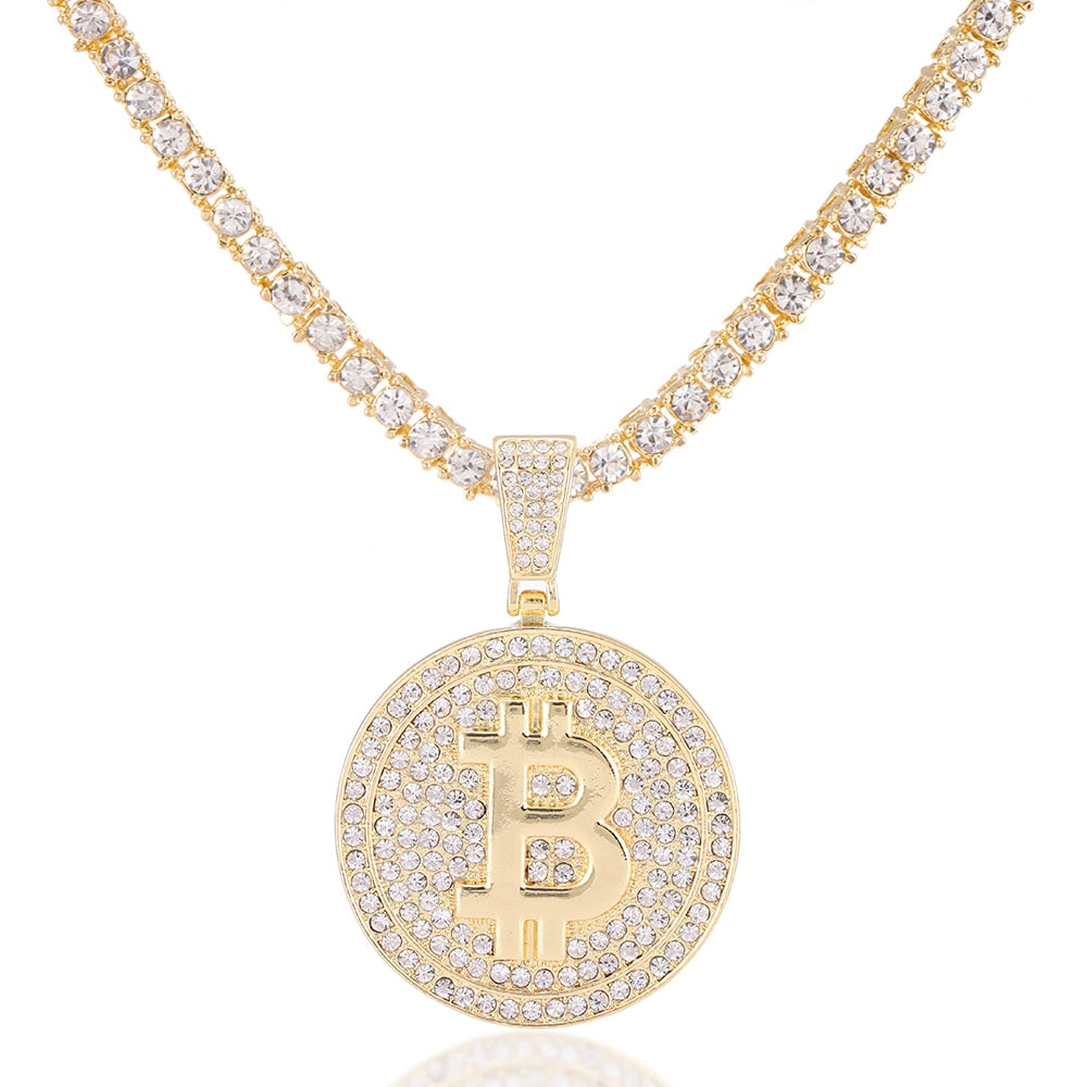 Iced Out Bitcoin Logo Blockchain Necklace