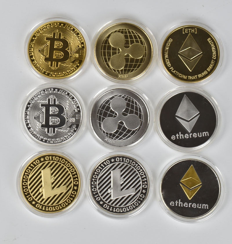 Physical Collectible Crypto Tokens Bitcoin, Litecoin, Ripple, Ethereum, Cardano Coins