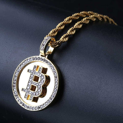 Gold Iced Out Round Bitcoin Pendant Necklace