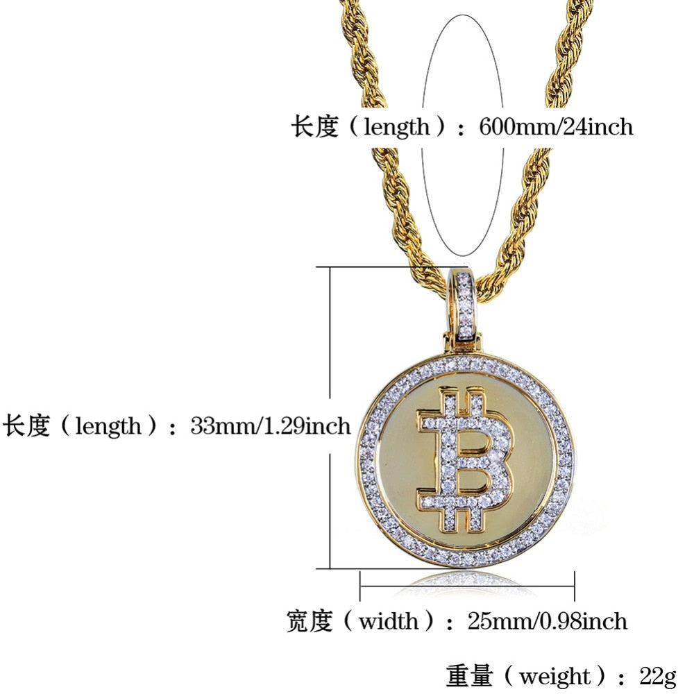 Gold Iced Out Round Bitcoin Pendant Necklace