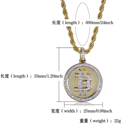 Gold Iced Out Round Bitcoin Pendant Necklace