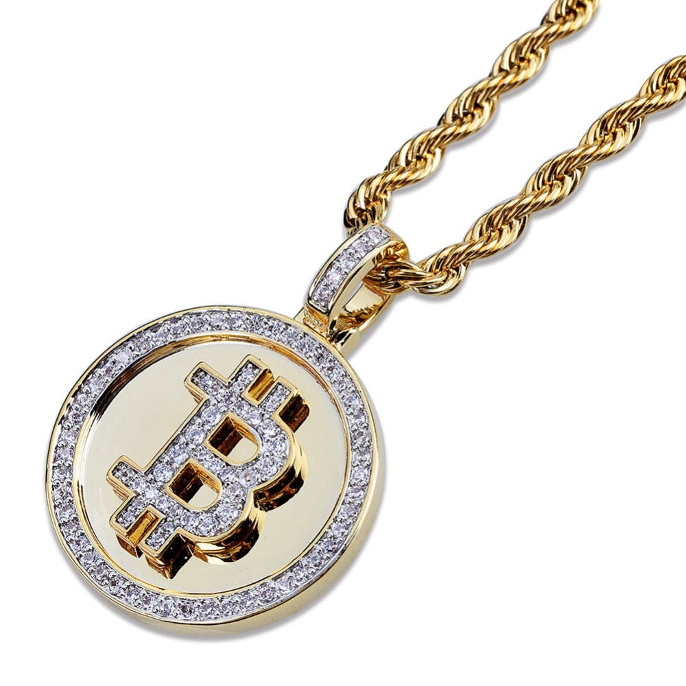 Gold Iced Out Round Bitcoin Pendant Necklace