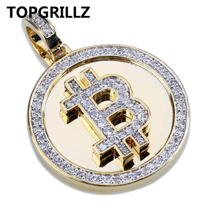 Gold Iced Out Round Bitcoin Pendant Necklace