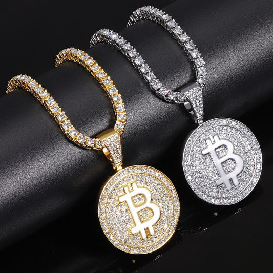 Iced Out Bitcoin Logo Blockchain Necklace