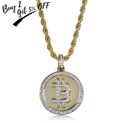 Gold Iced Out Round Bitcoin Pendant Necklace